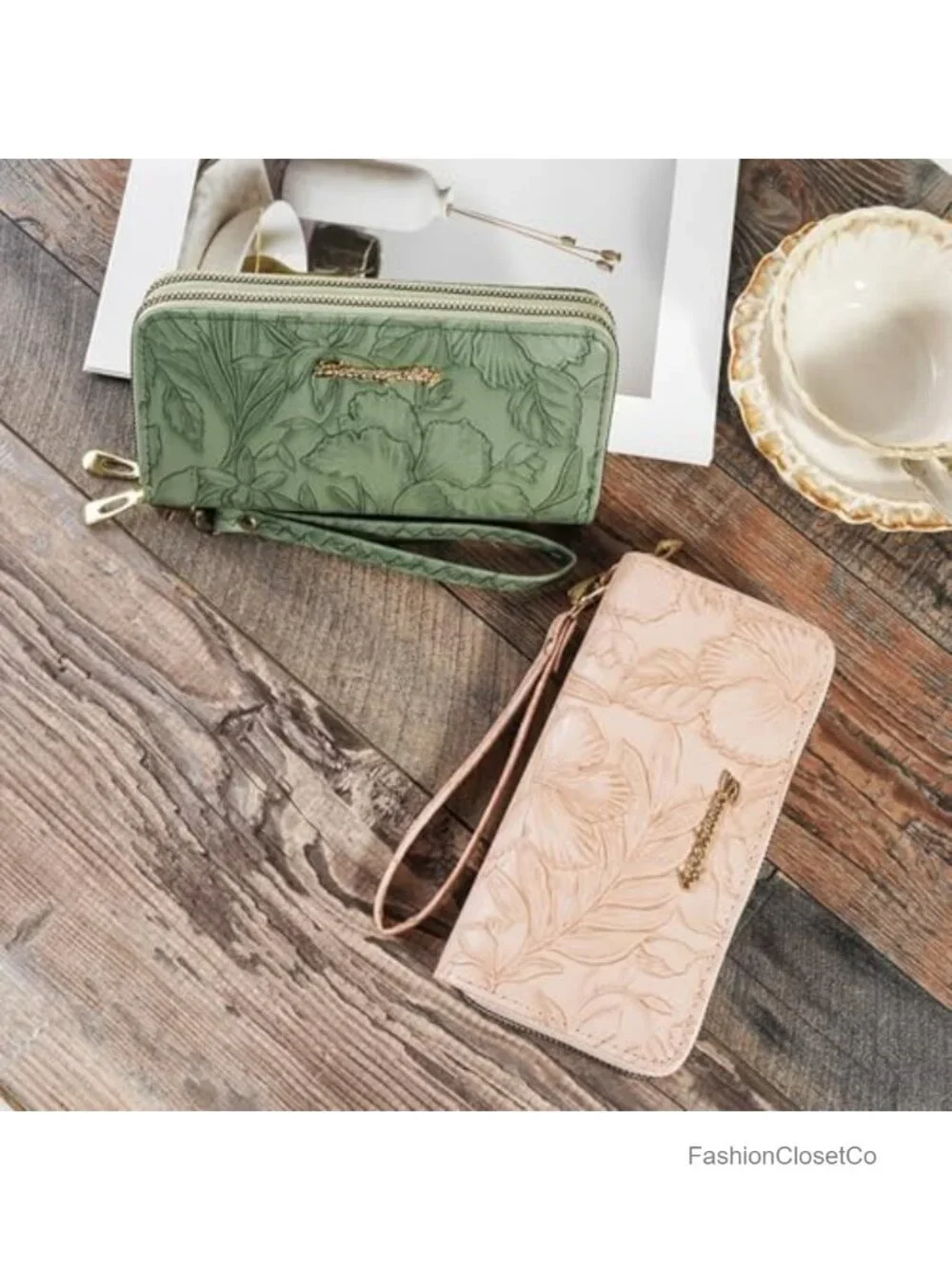 Large Capacity Double Zip RFID Blocking Vegan Leather Floral Wristlet Clutch